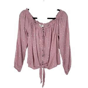 New Pink Rose Floral Blouse‎ L Sweet Rose Ditsy Long Sleeve Tie Top Coquette